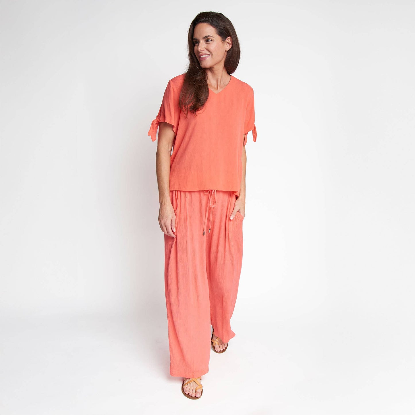 Nika Crepe Tied Short Sleeve V-Neck Blouse