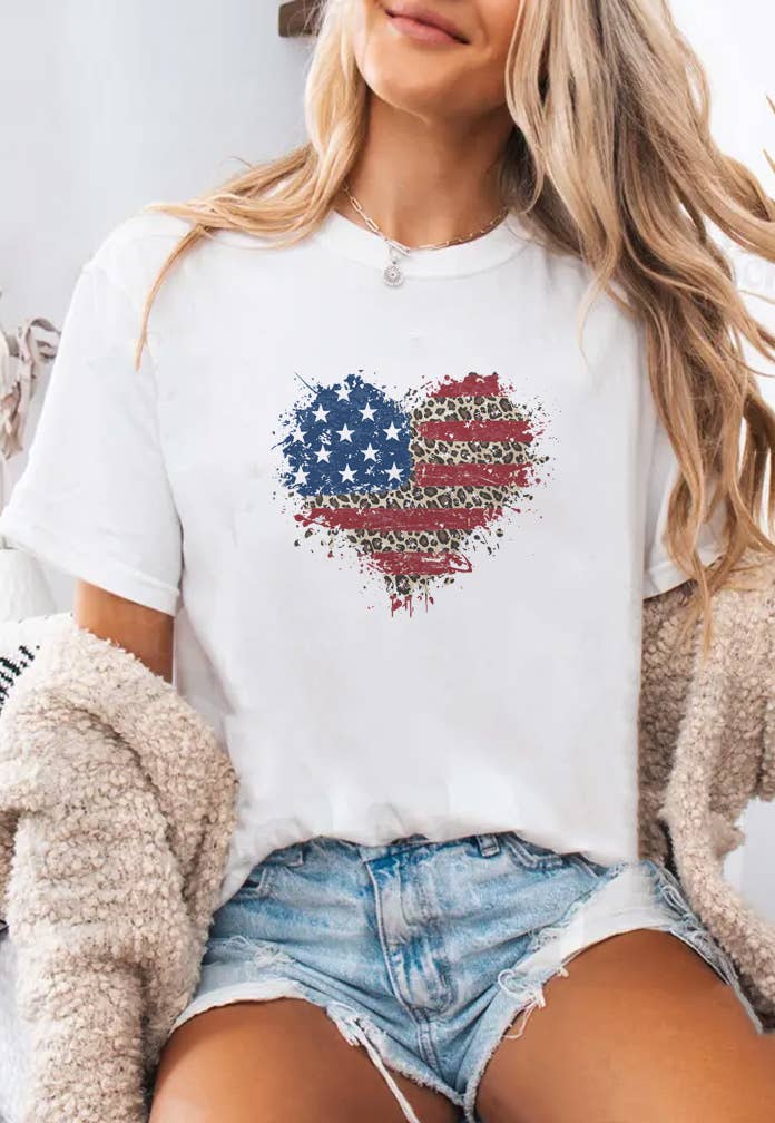 Person wearing a white t-shirt with a heart-shaped American flag design.