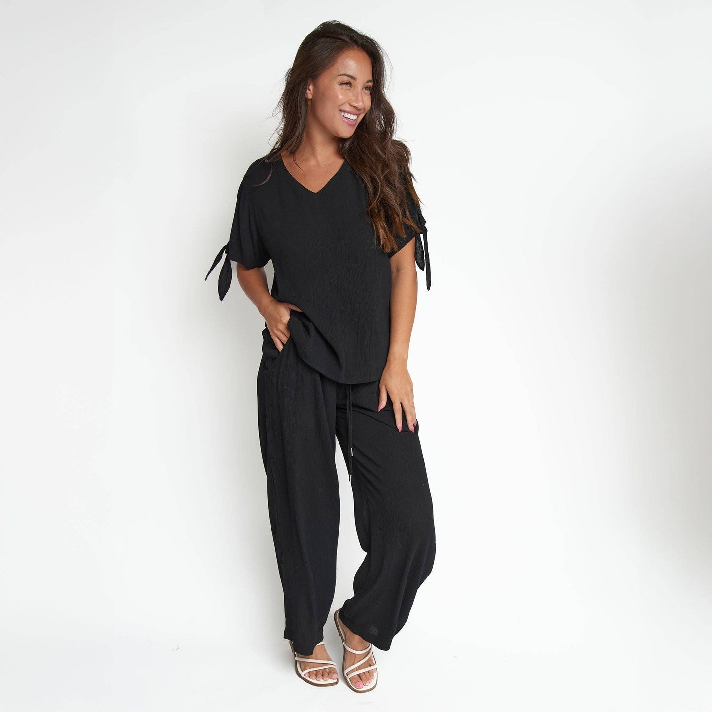 Nika Crepe Tied Short Sleeve V-Neck Blouse