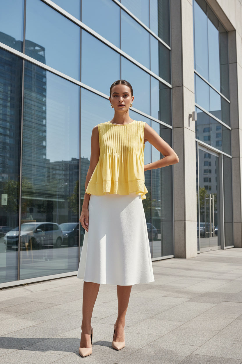Ladies Solid Color Pleated Sleeveless Tank Top
