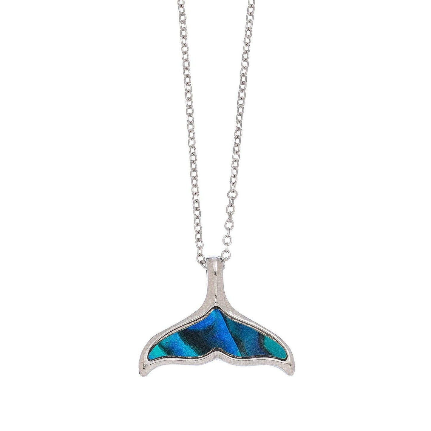 Howard's abalone shell whale tail pendant necklace featuring a colorful, polished whale tail design on a beach-inspired jewelry piece