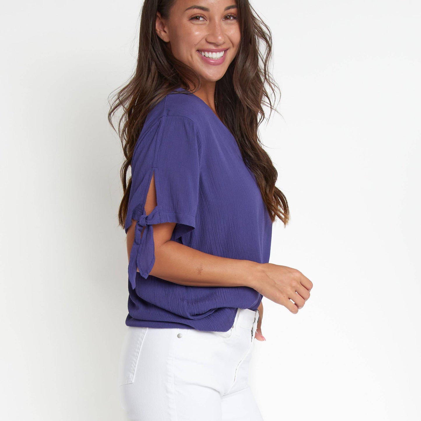 Nika Crepe Tied Short Sleeve V-Neck Blouse