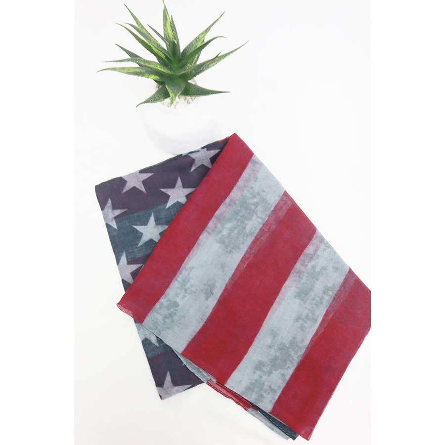 American flag-patterned fabric on a white background with a plant in the corner.