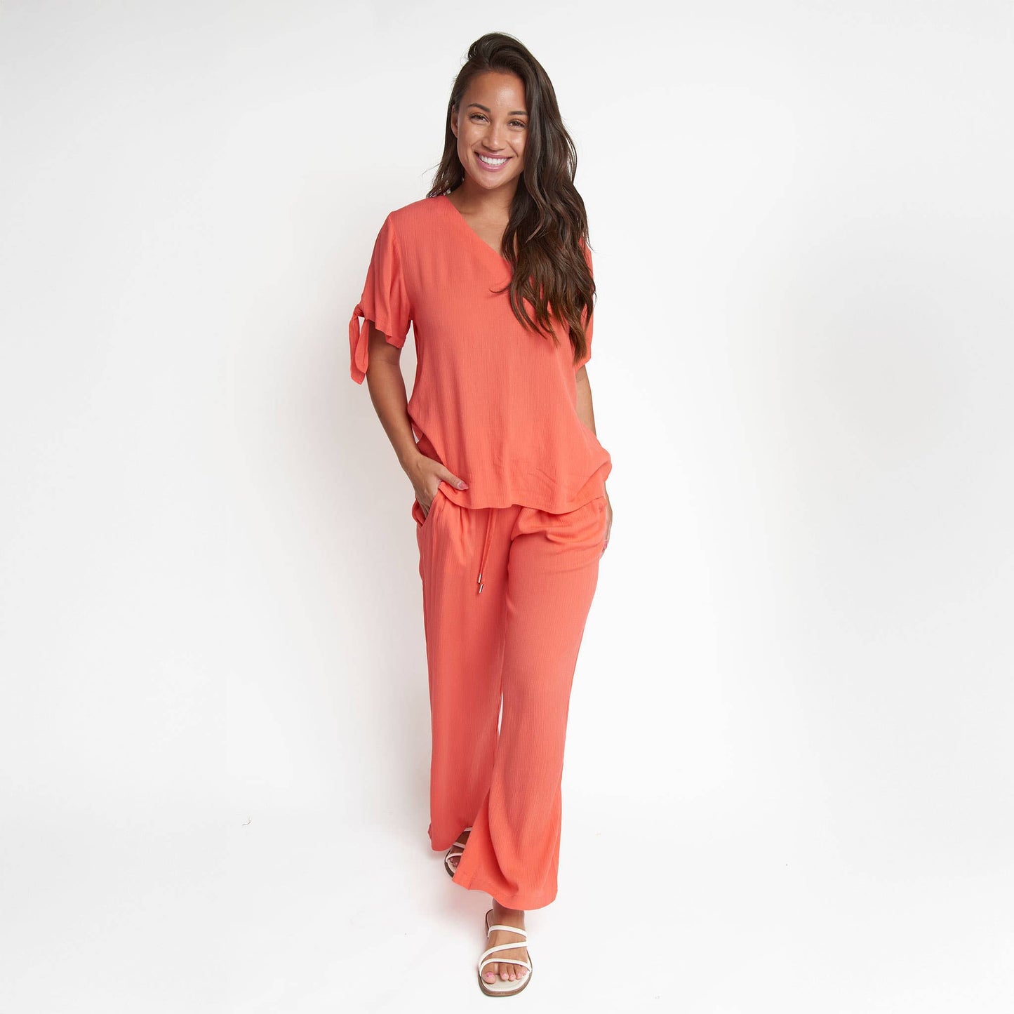 Nika Crepe Tied Short Sleeve V-Neck Blouse
