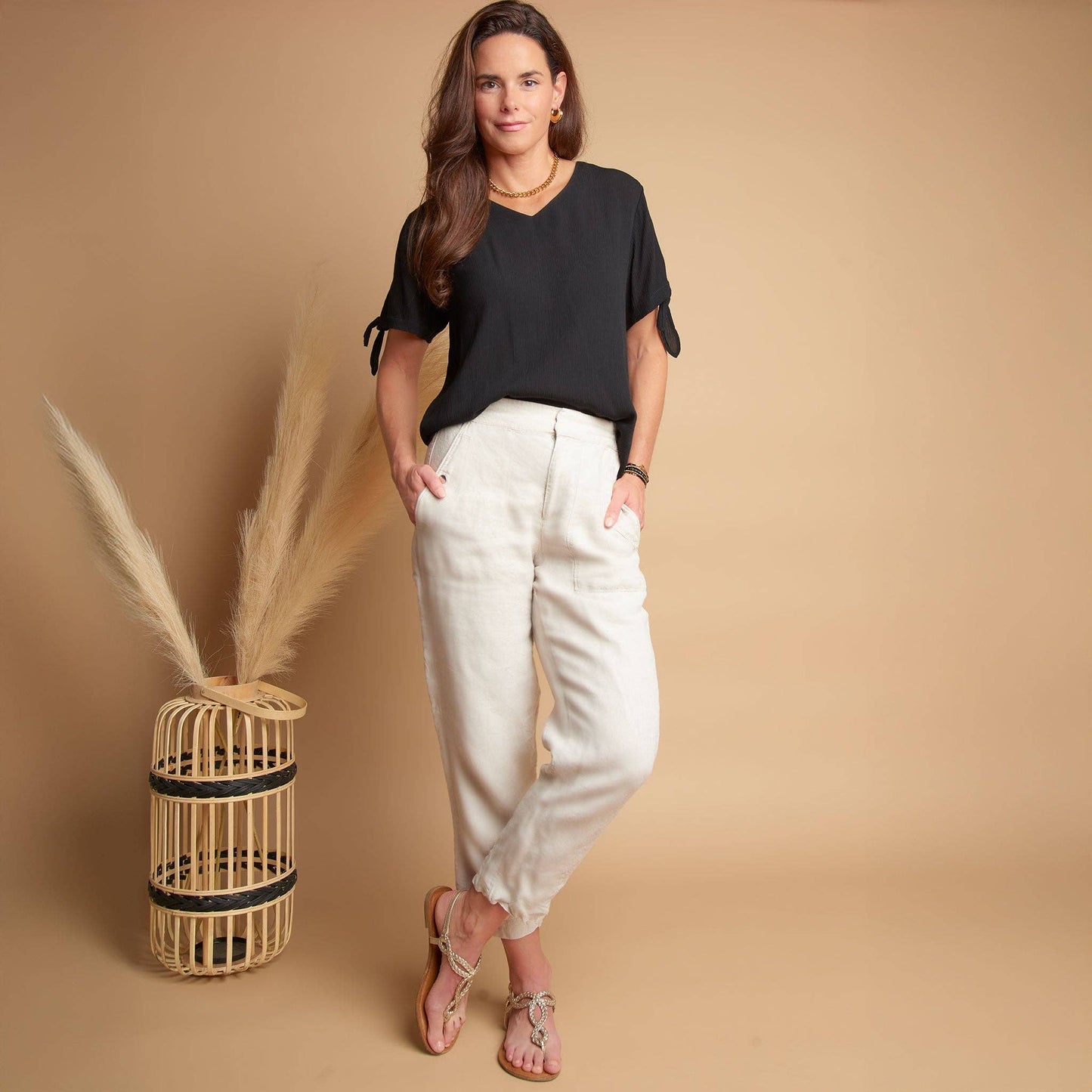 Nika Crepe Tied Short Sleeve V-Neck Blouse