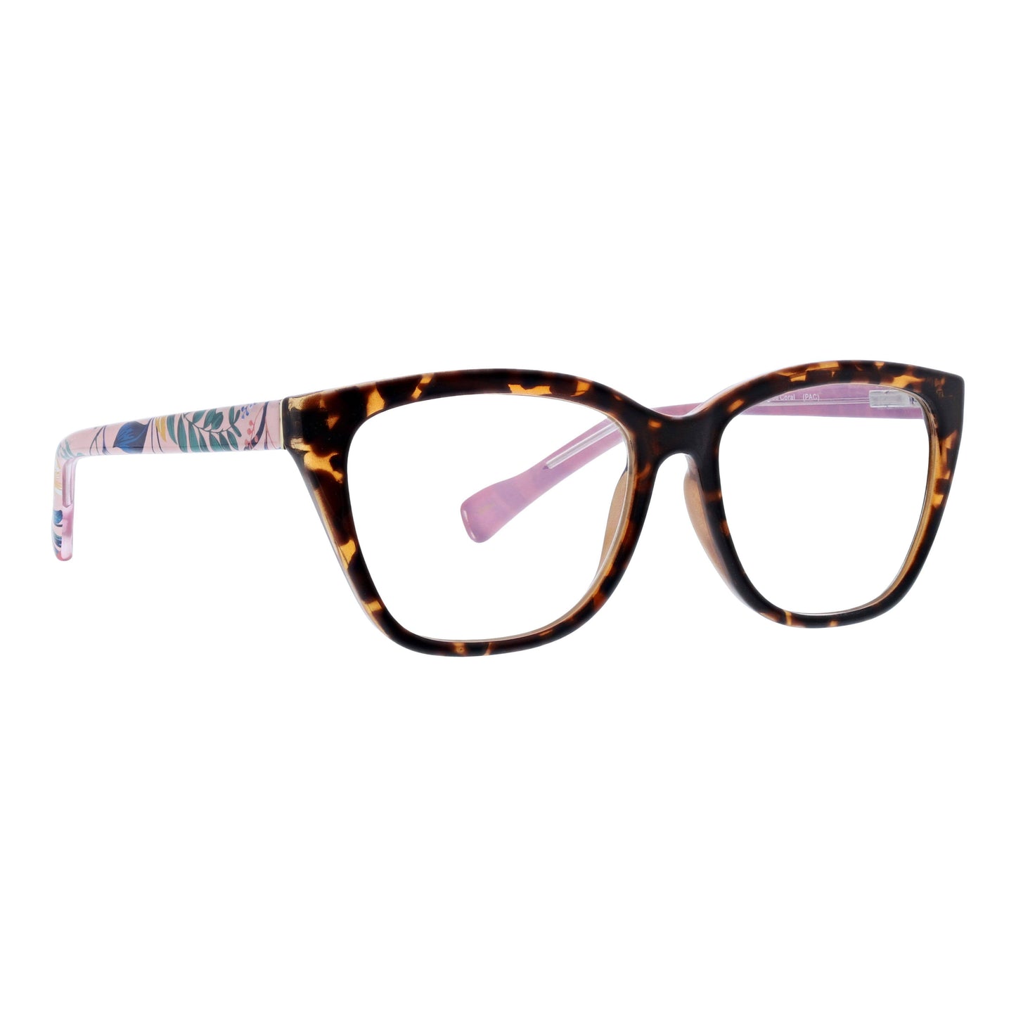 Tortoiseshell cat-eye glasses with colorful temple tips on a white background