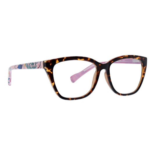 Tortoiseshell cat-eye glasses with colorful temple tips on a white background