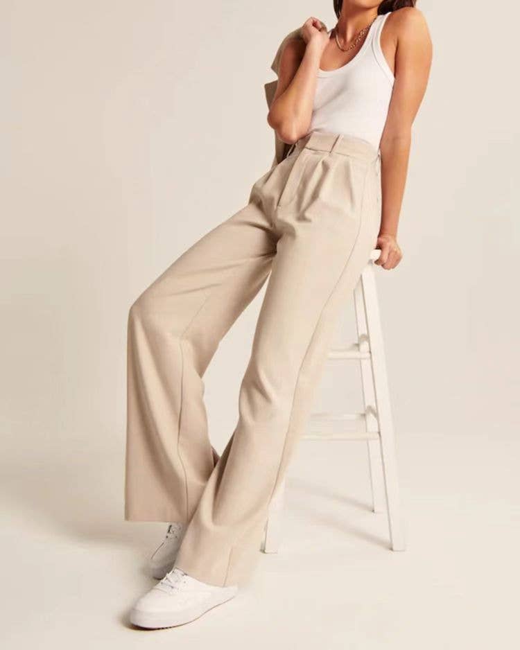 Ladies Solid Color High Waist Straight Leg Pants