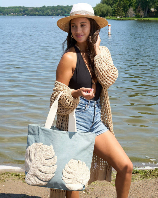 Fiji Water Resistant Embroidered Monstera Leaf Tote Bag