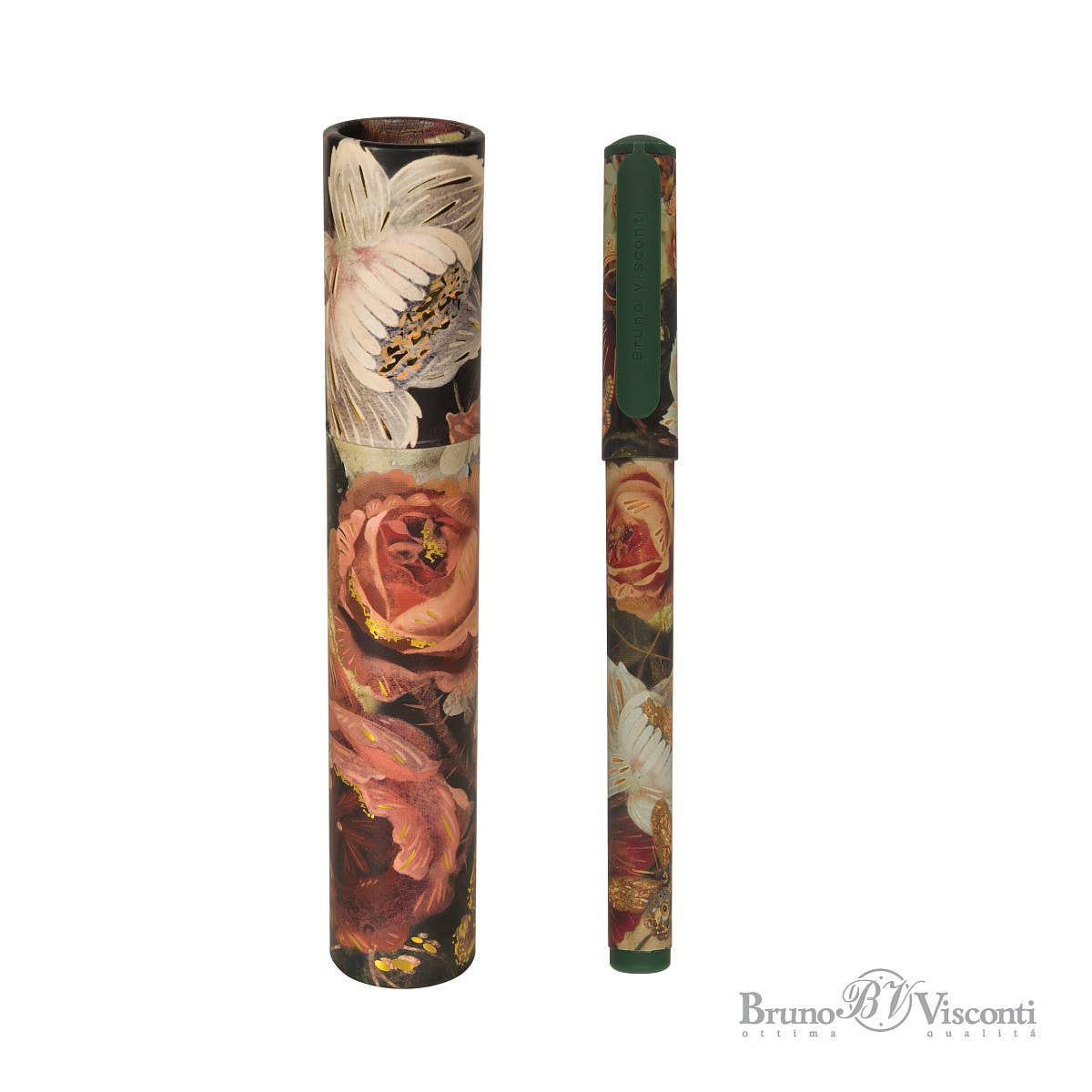 Fountain pen with floral design and matching pen case on a white background, featuring the Bruno Visconti logo.