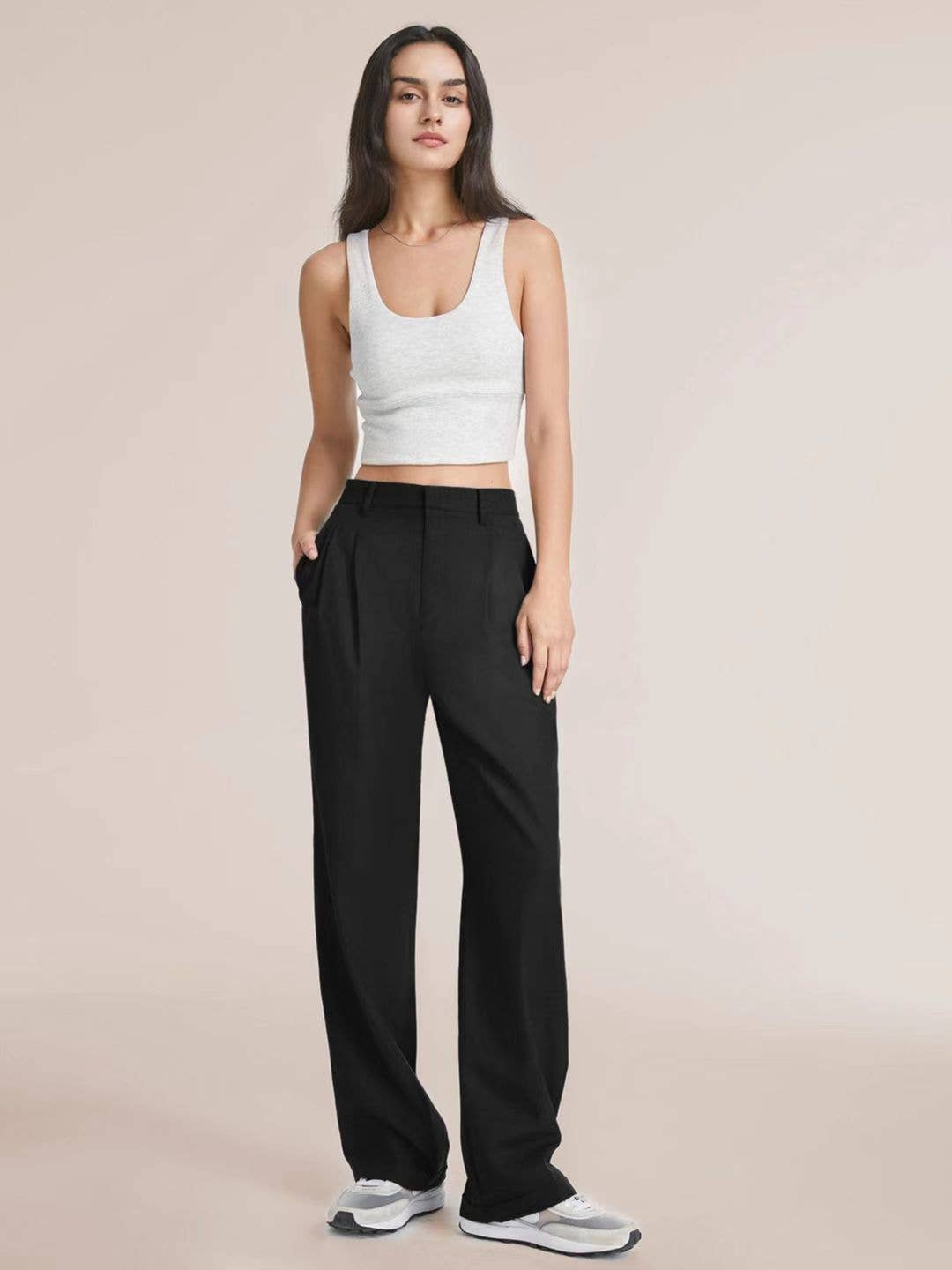 Ladies Solid Color High Waist Straight Leg Pants