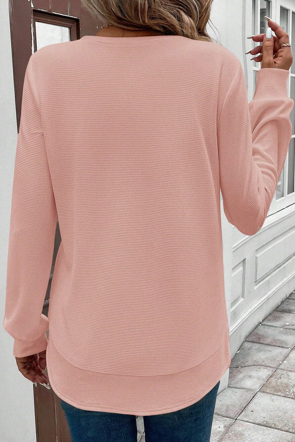 Pink Rounded Hem Waffle L/S Top