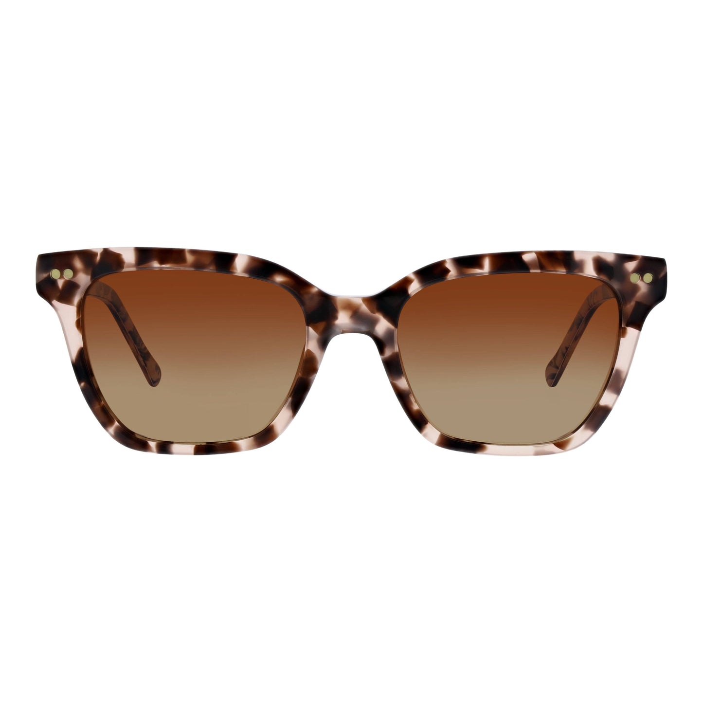 Sunglasses with tortoiseshell frame and brown gradient lenses on a white background