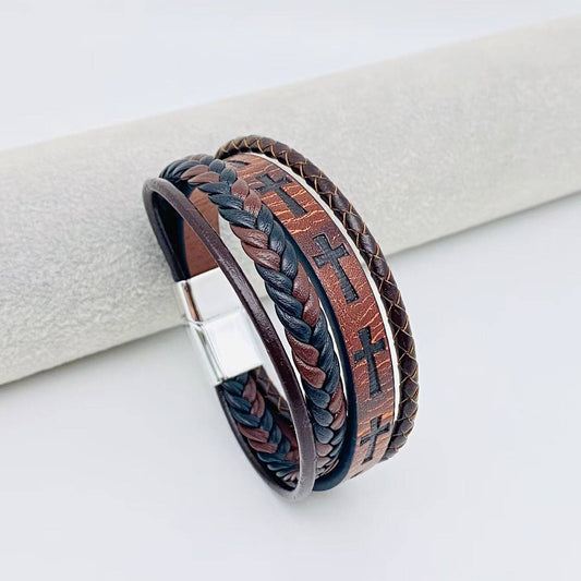 Handmade Leather Cross Men's Magnetic Buckle Bracelet -MJ/BC: 190MM / 7.48in