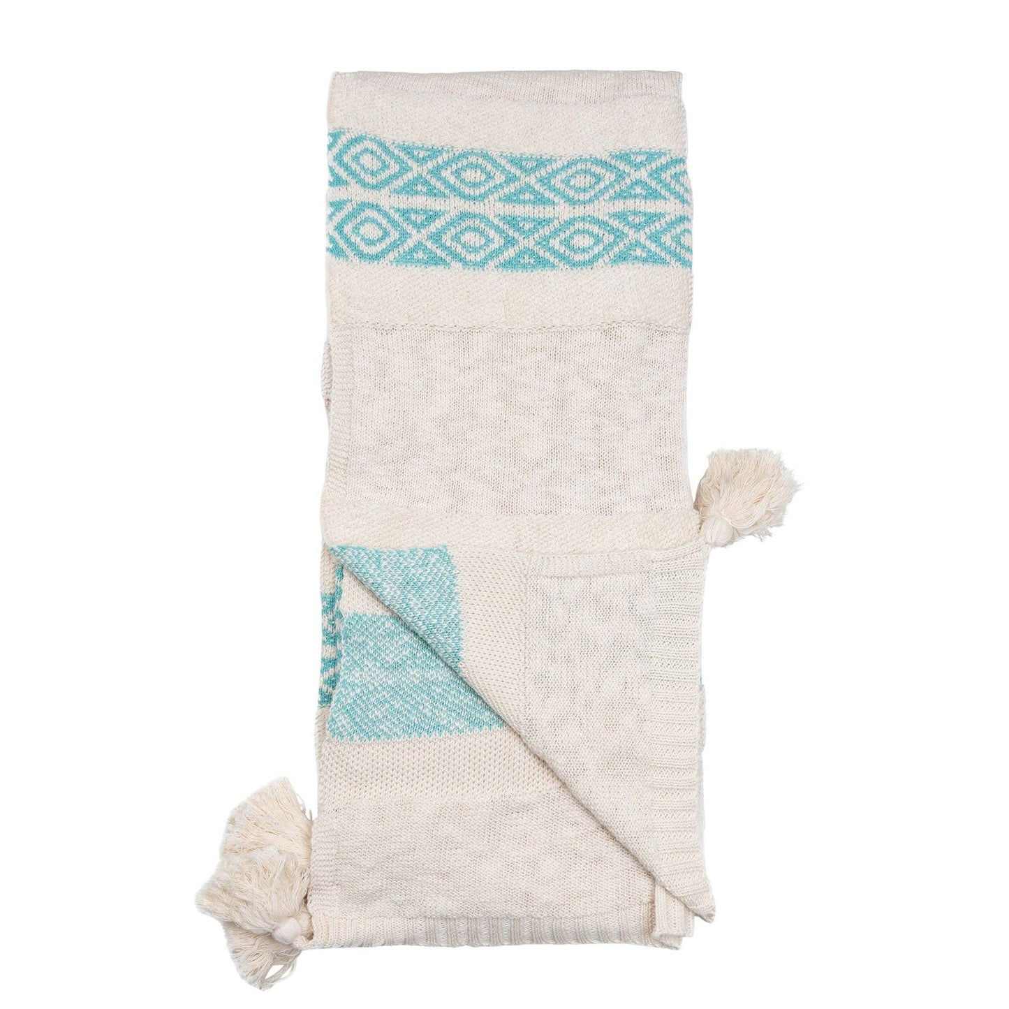 White Knit Throw with Teal Trim