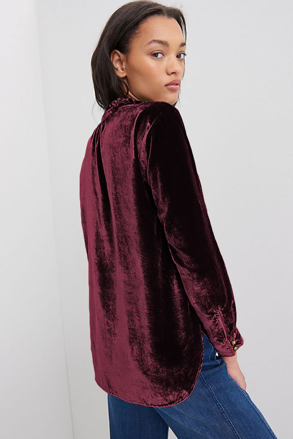 Burgandy Frilled Button V Neck