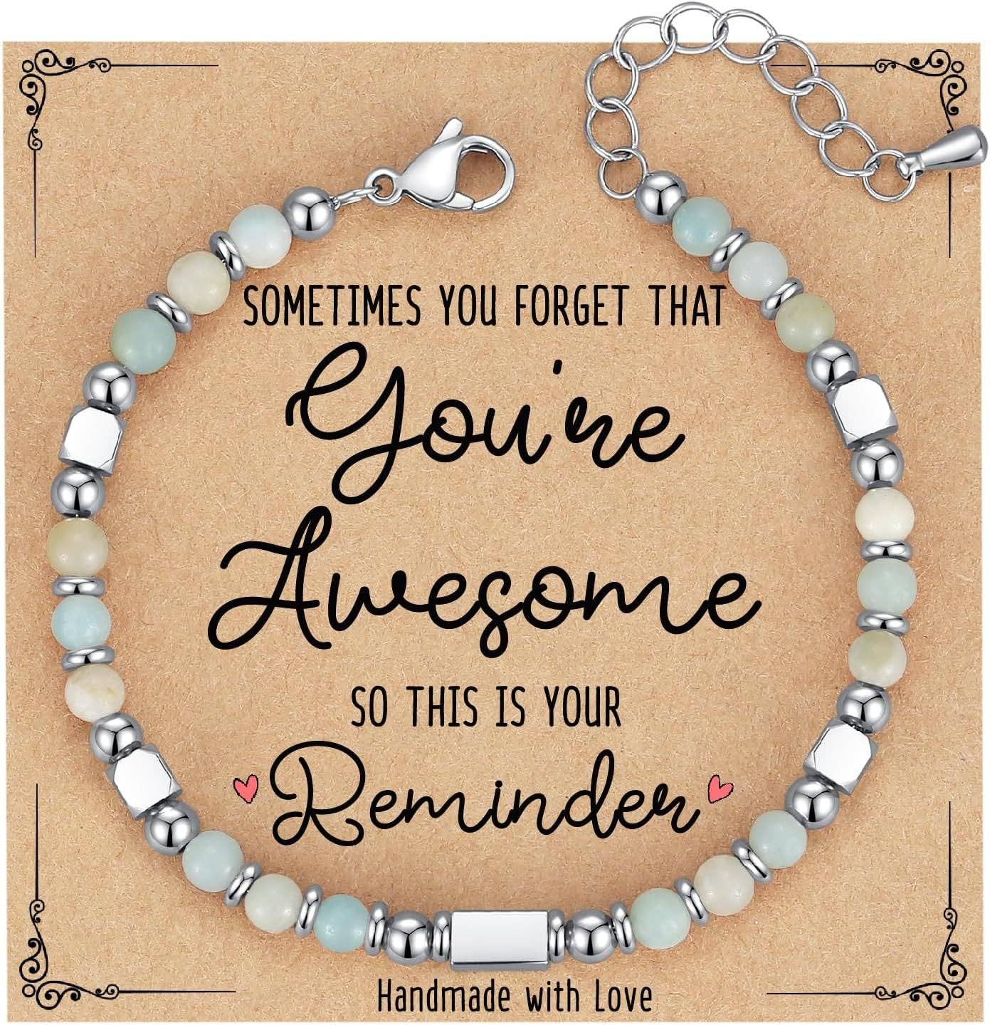4mm Stone & Stainless Steel Bead Bracelet| Blessing Card -CS: Amethyst Bracelet & Awesome
