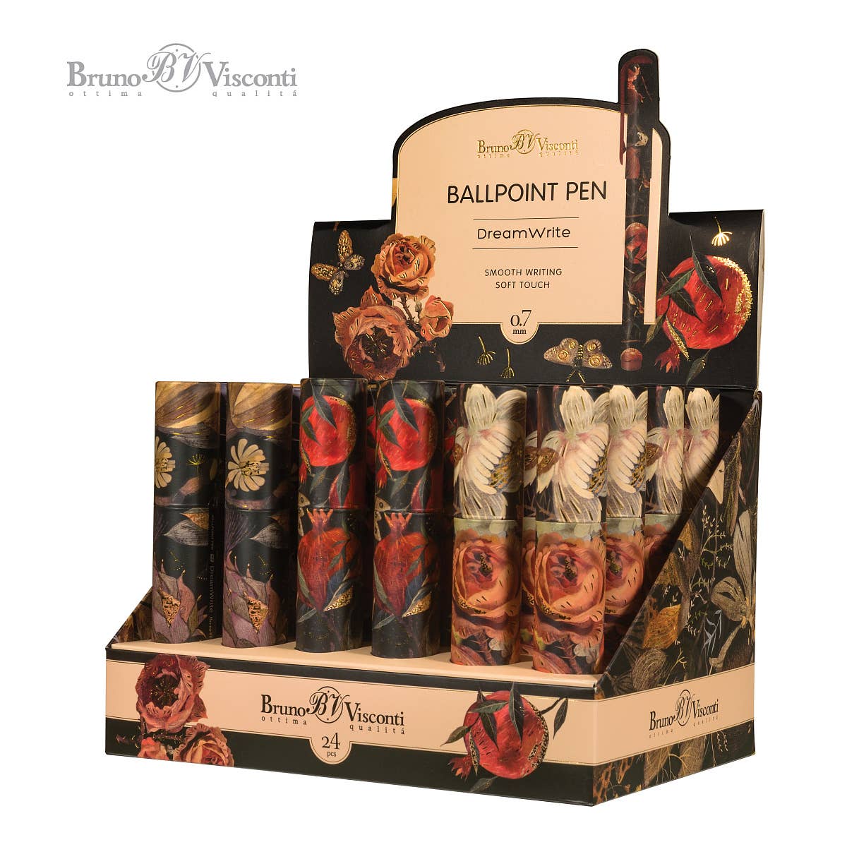 Bruno Visconti ballpoint pen display with floral design on a white background