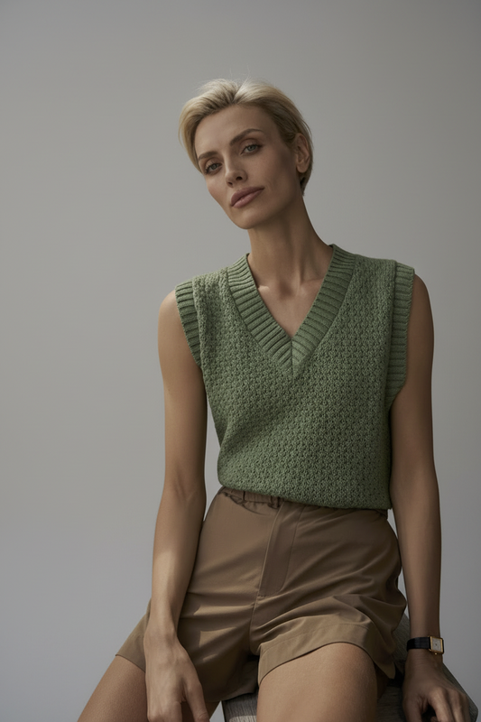 Woman wearing a green knitted sleeveless top and beige shorts against a gray background