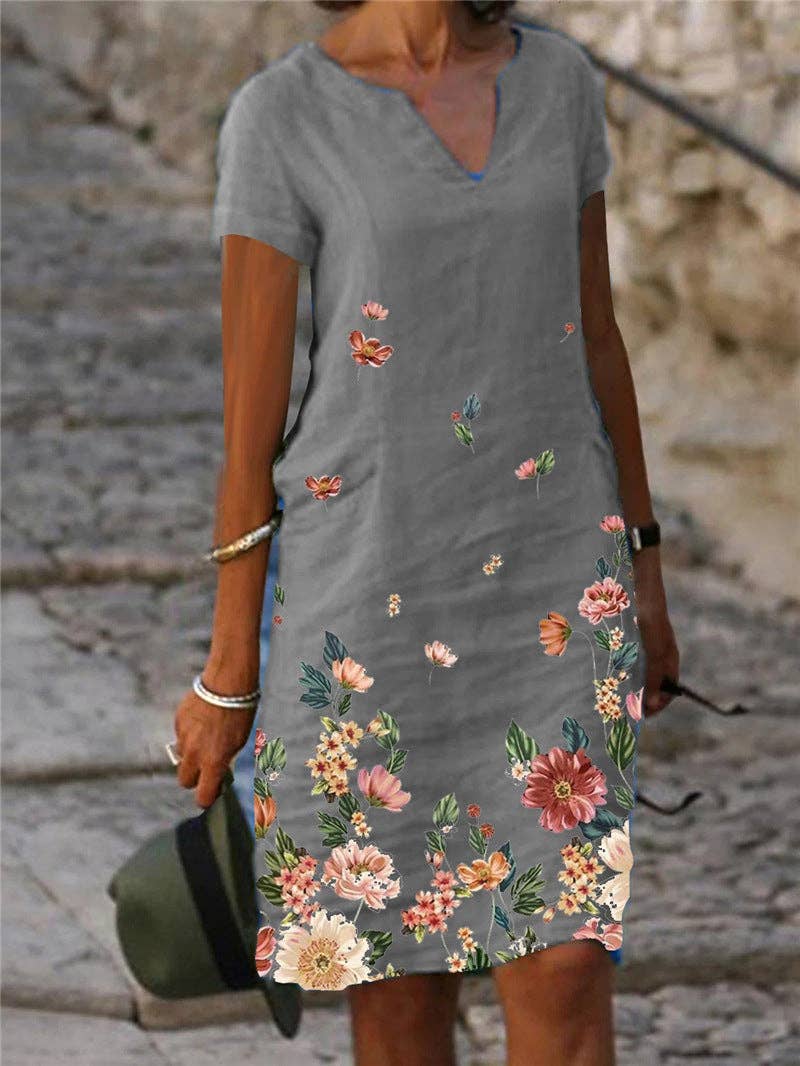 Floral Printed SS V-Neck Dress