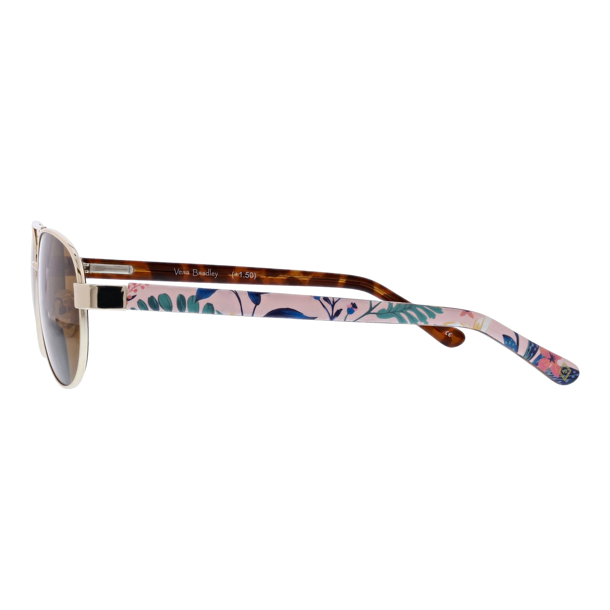 Sunglasses with floral patterned arms on a white background