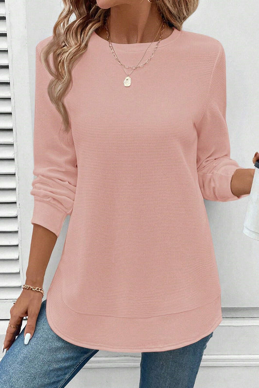Pink Rounded Hem Waffle L/S Top