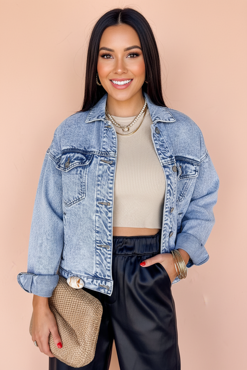 Woman wearing a denim jacket, beige top, and black pants against a beige background