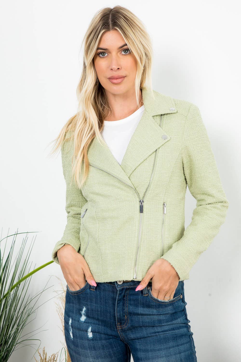 Mint Green (Lint) Solid Boucle Long Sleeve Moto Jacket