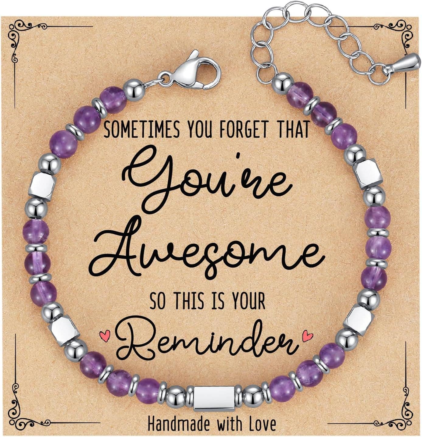 4mm Stone & Stainless Steel Bead Bracelet| Blessing Card -CS: Amethyst Bracelet & Awesome