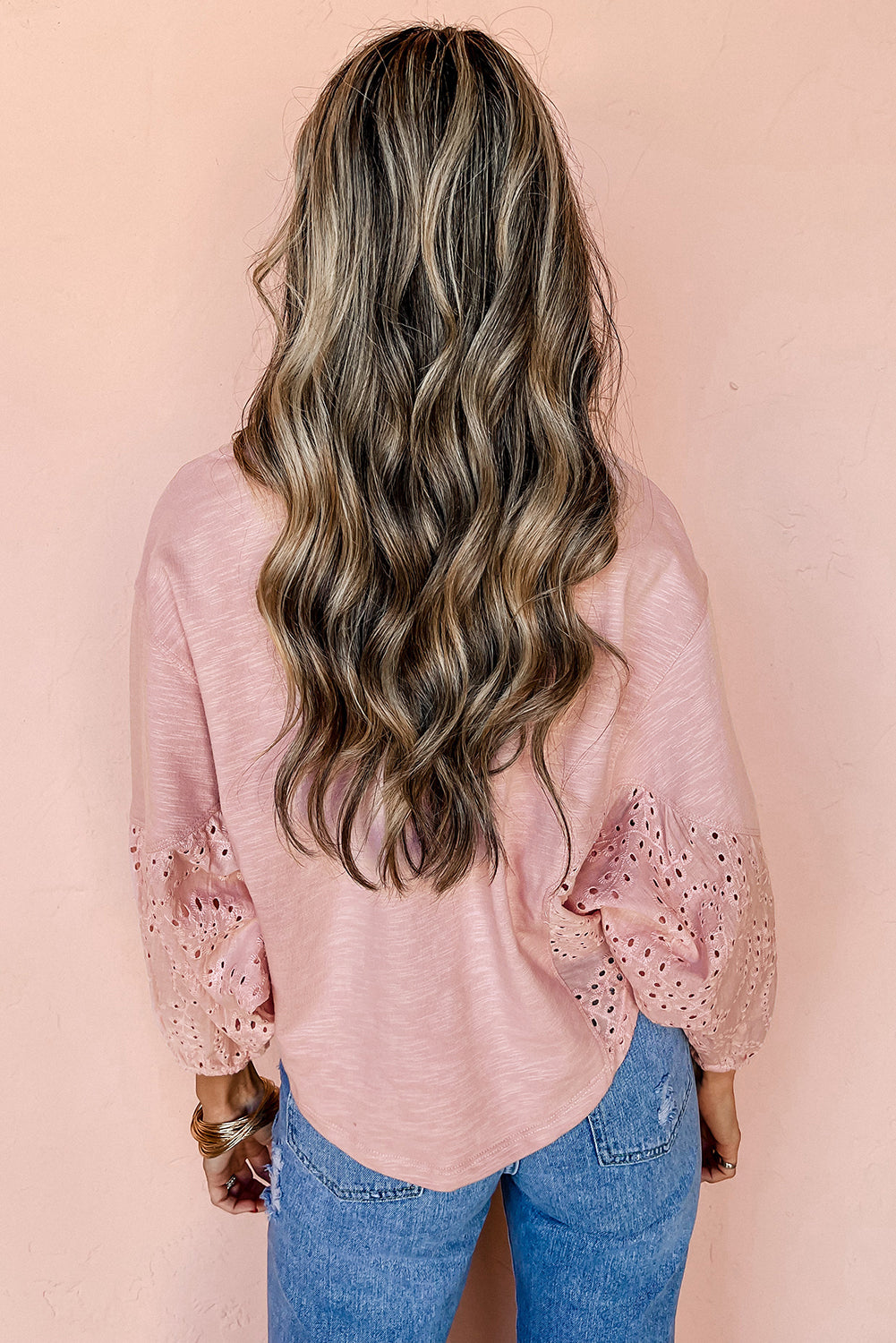 Light Pink Notch V Neck Batwing Sleeve LS Blouse
