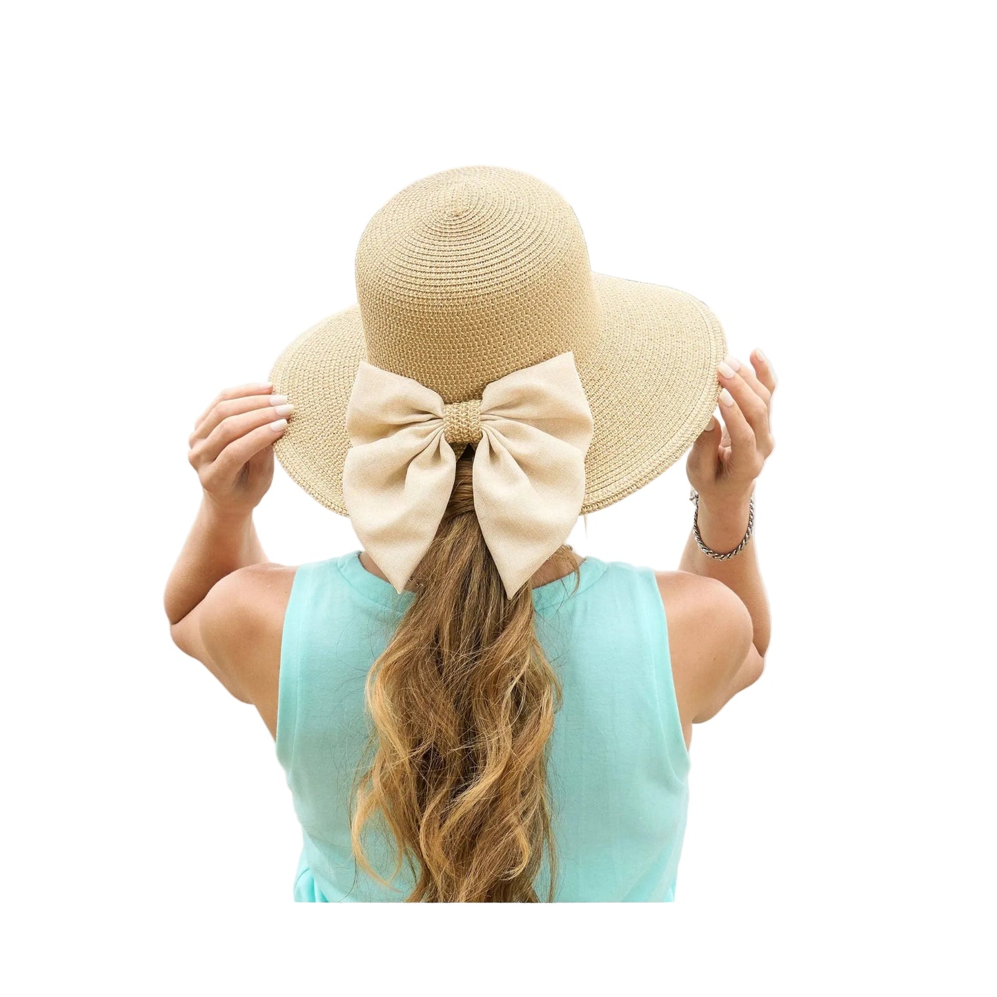 Zaya Boho Ponytail Sun Hat with Bow: Sand Shell