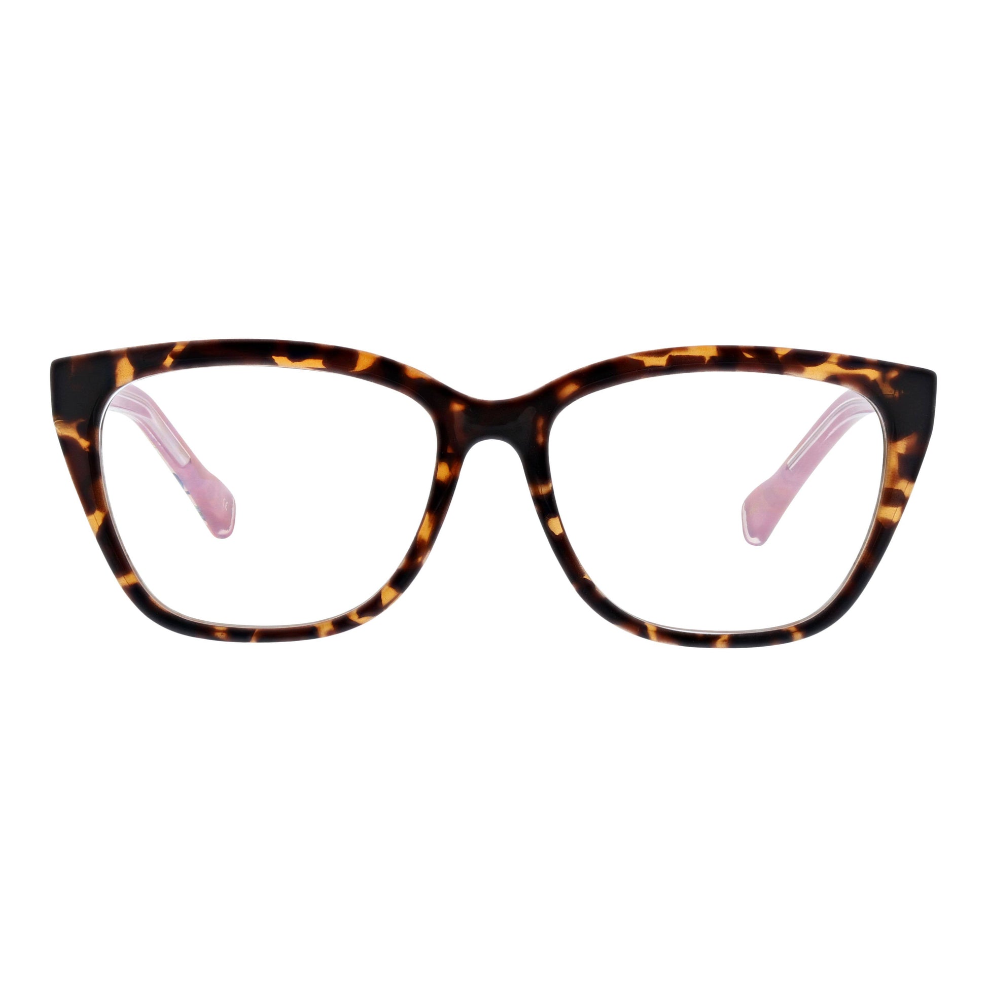 Tortoiseshell cat-eye glasses with pink lenses on a white background