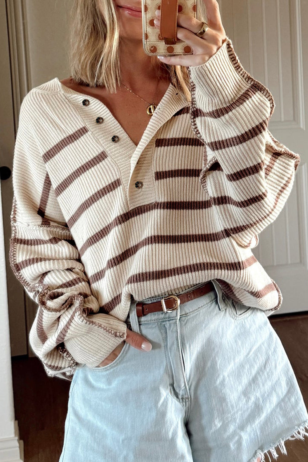 Brown Striped Henley Sweater