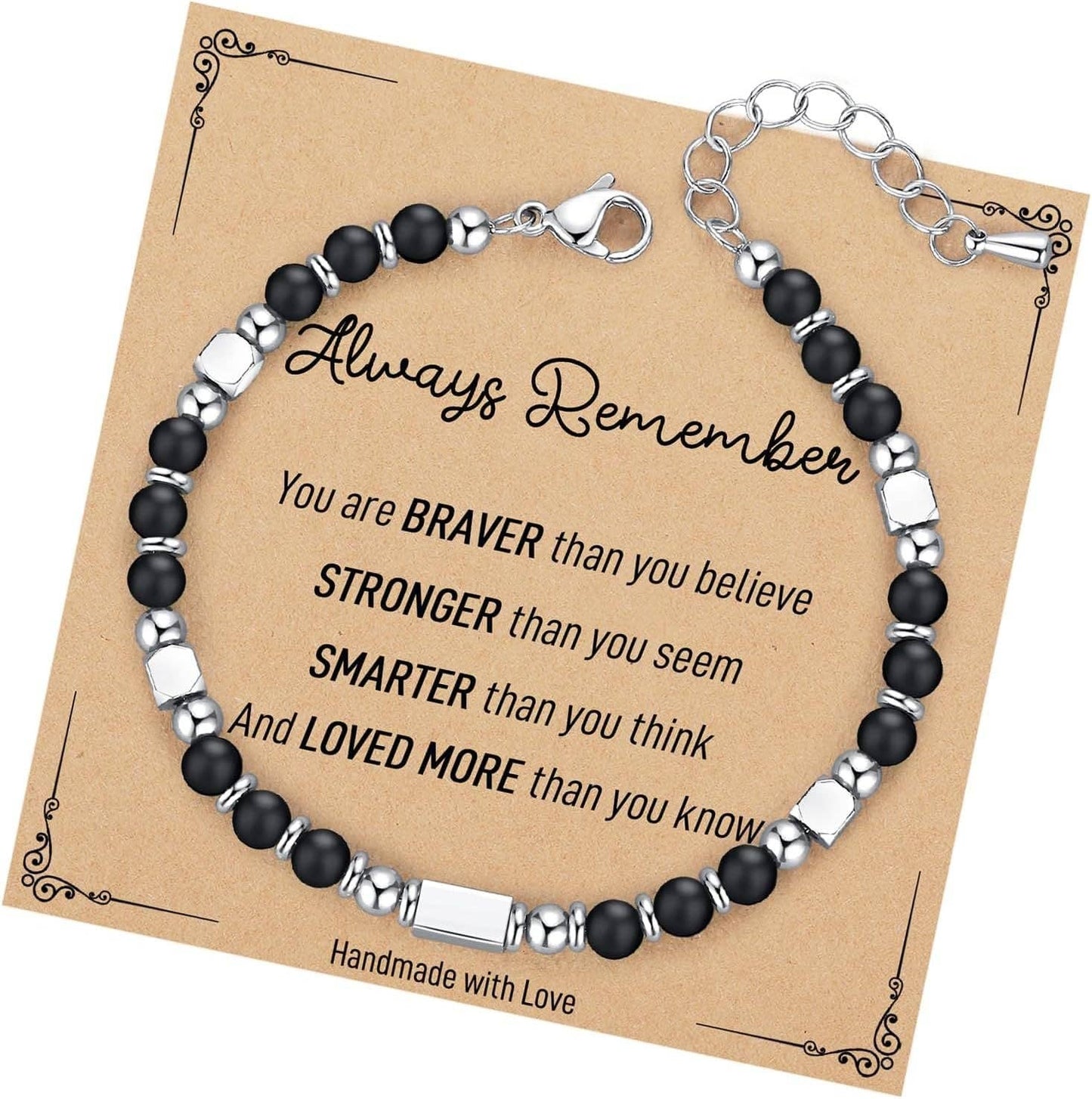 4mm Stone & Stainless Steel Bead Bracelet| Blessing Card -CS: Amazon Stone & Always remember
