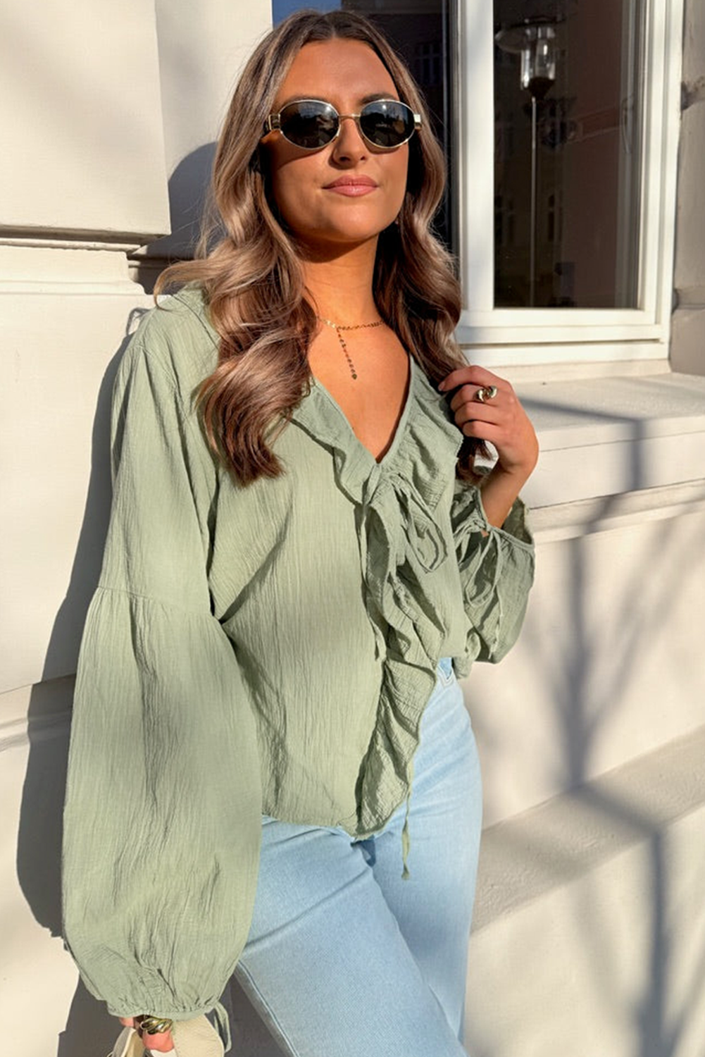 Mist Green Ruffle Trim V Neck Blouse