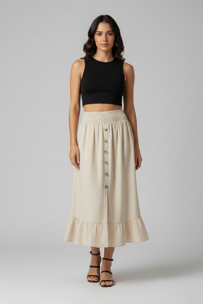 Woman wearing a black top and apricot skirt on a white background