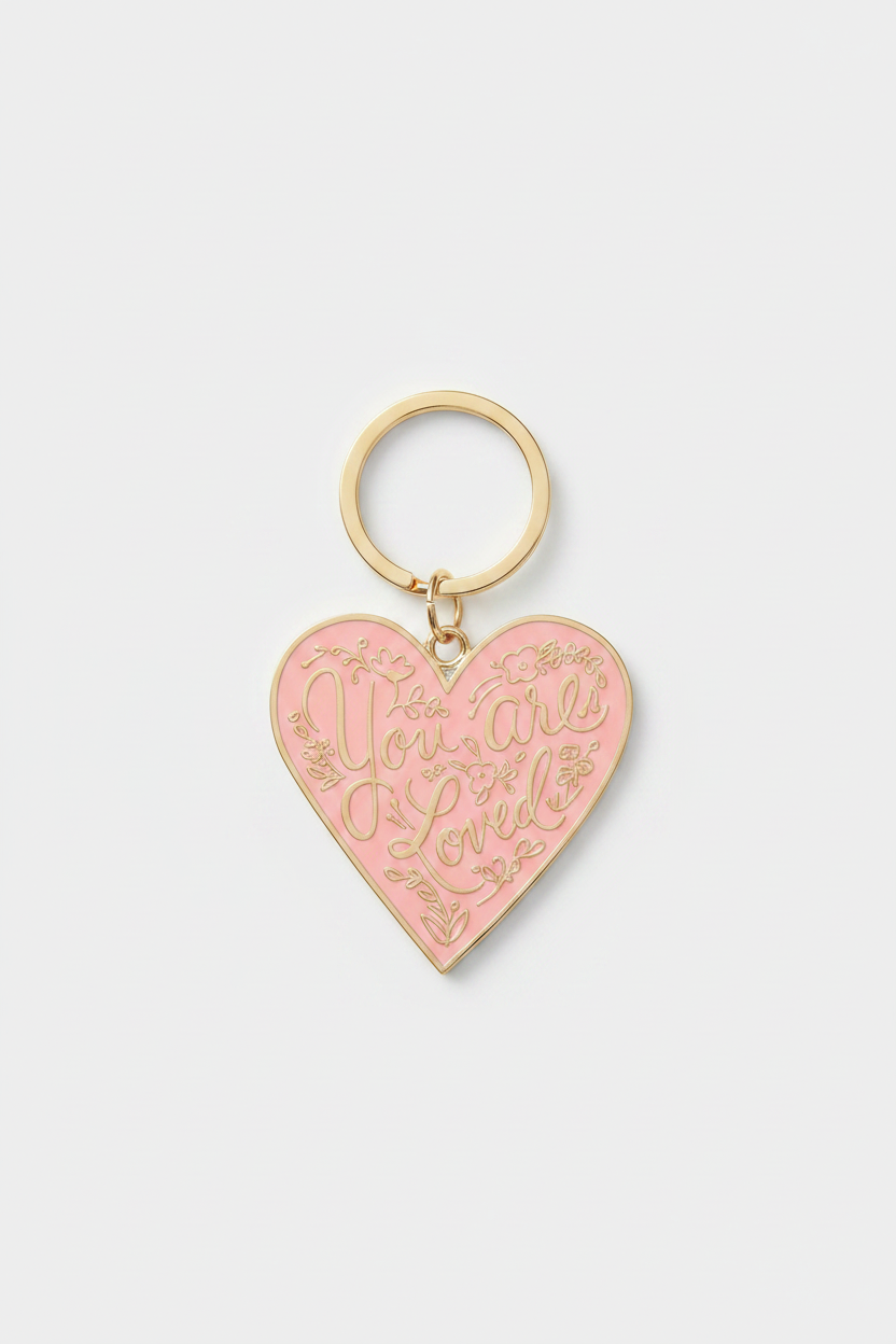 Pink heart-shaped keychain with gold ring on a light gray background