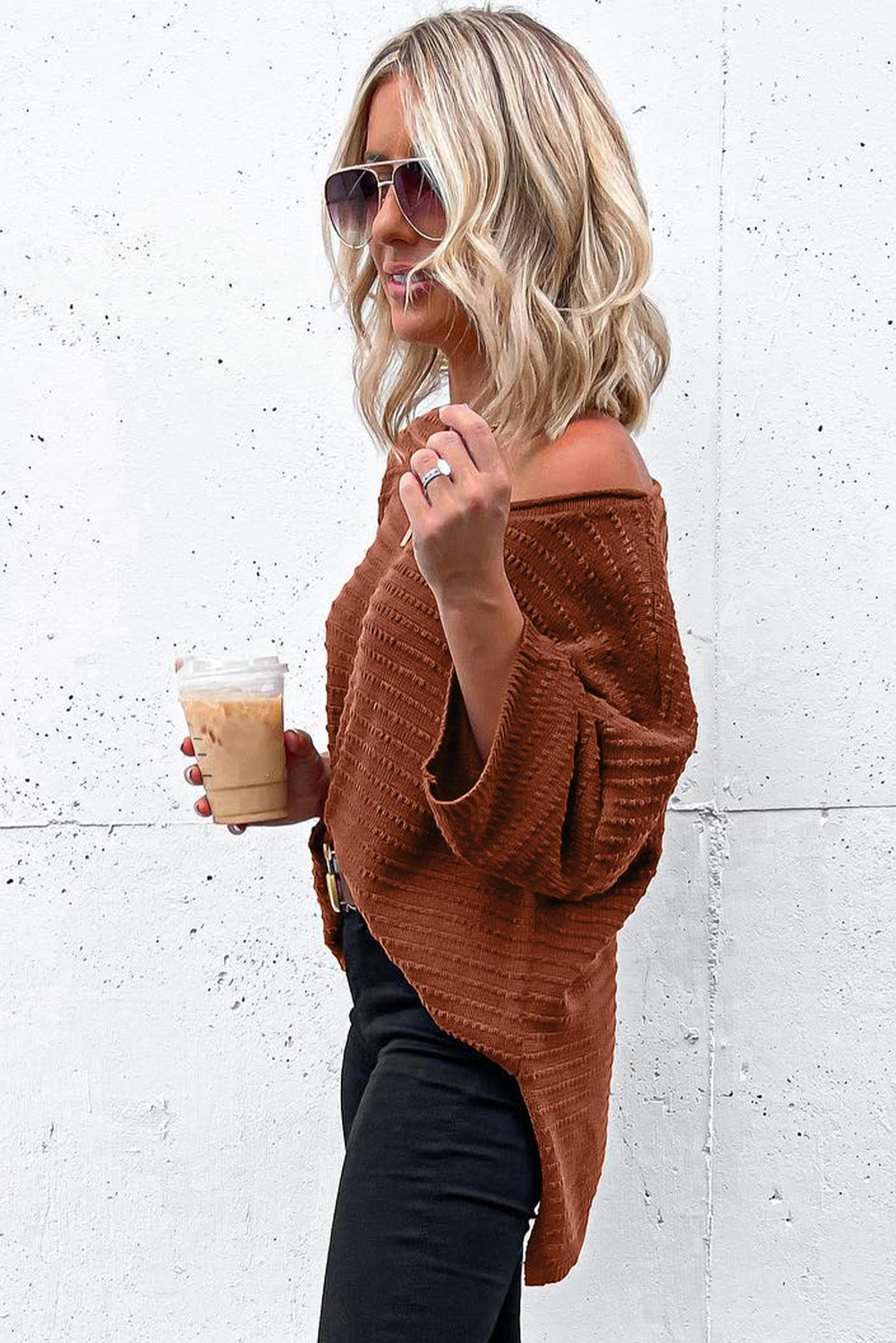 Brown Solid Color Rib-Knot Drop Sleeve Slide Slits Top