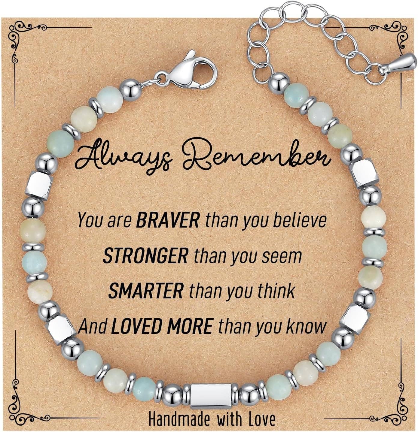 4mm Stone & Stainless Steel Bead Bracelet| Blessing Card -CS: Amazon Stone & Always remember