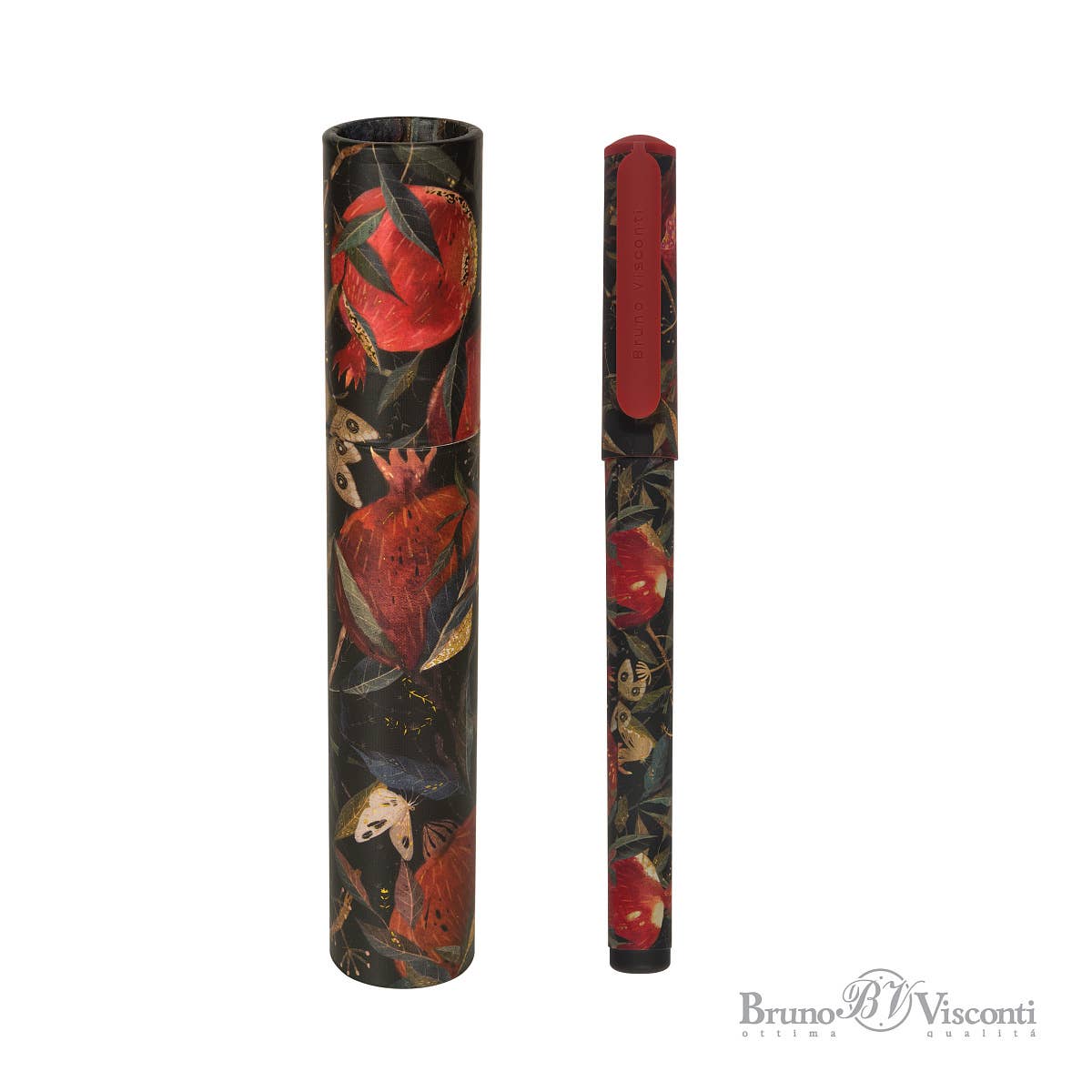 Fountain pen with decorative case featuring red and gold design on a white background, branded 'Bruno Visconti'.