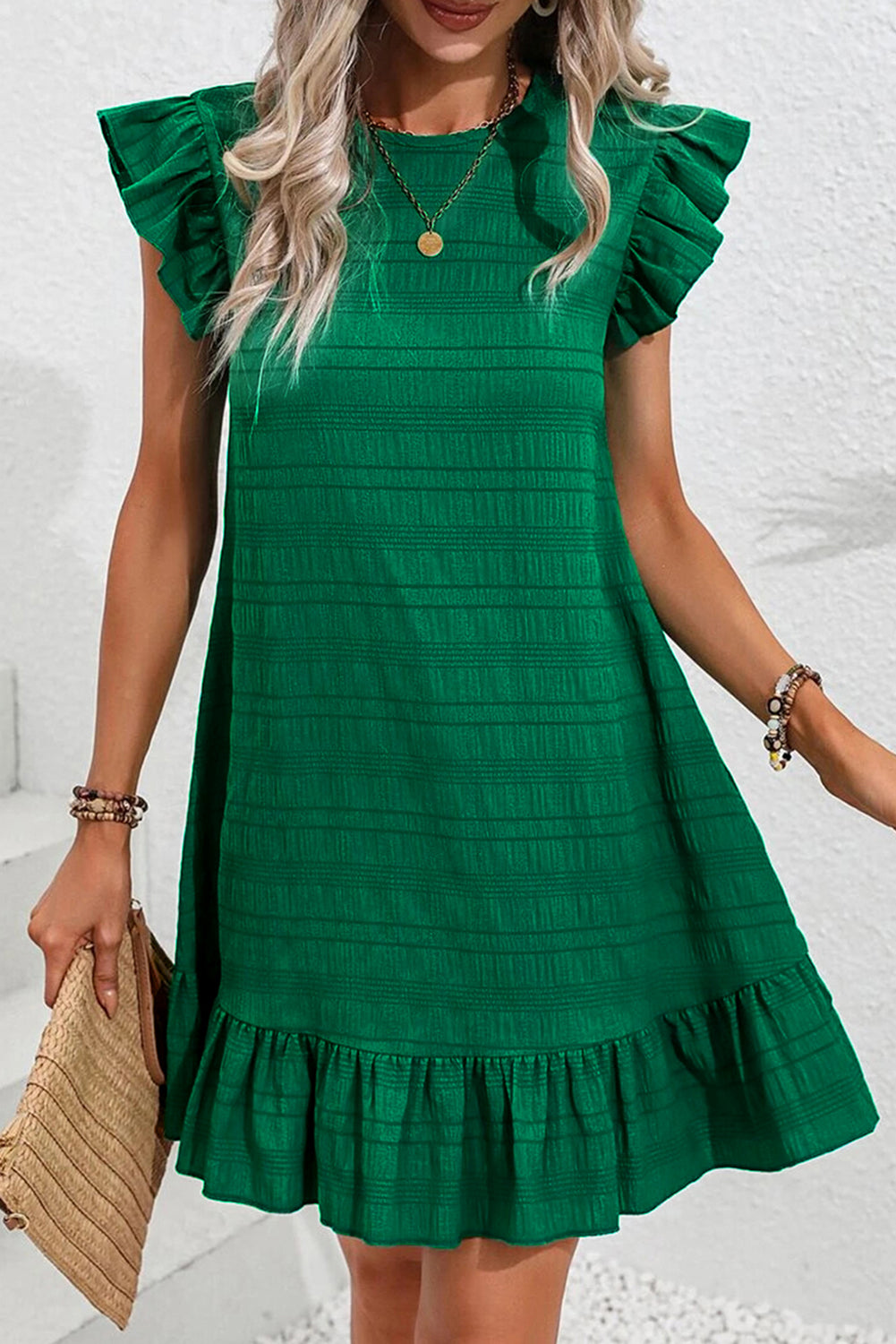 Dark Green Flutter Sleeve Mini Dress