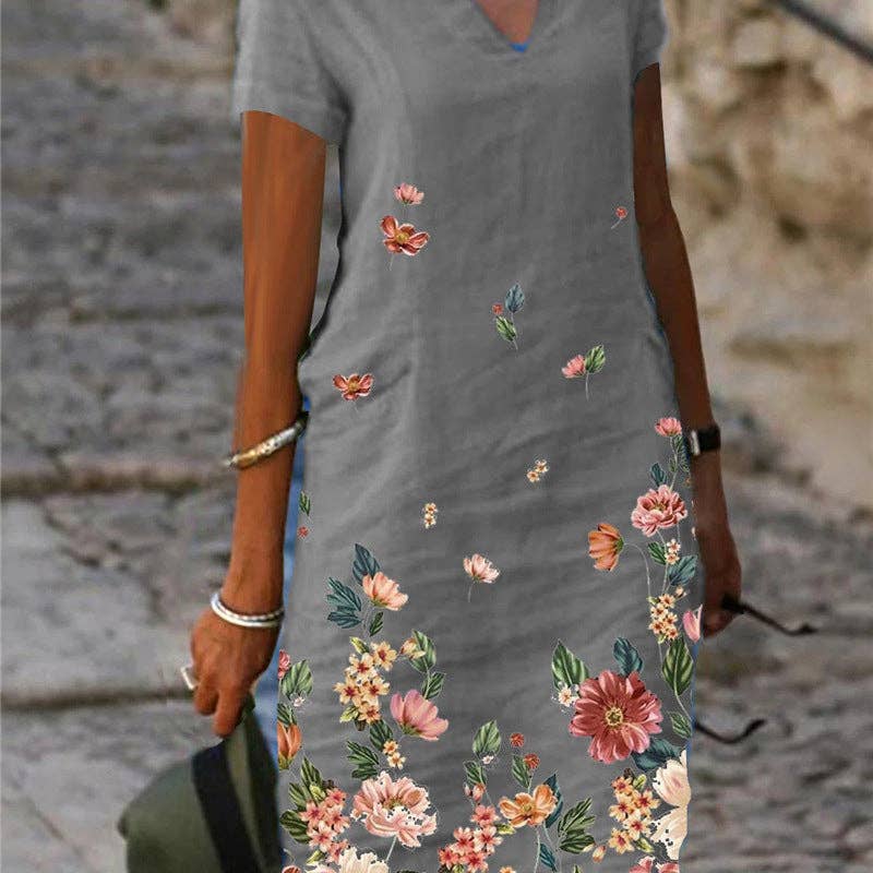 Floral Printed SS V-Neck Dress