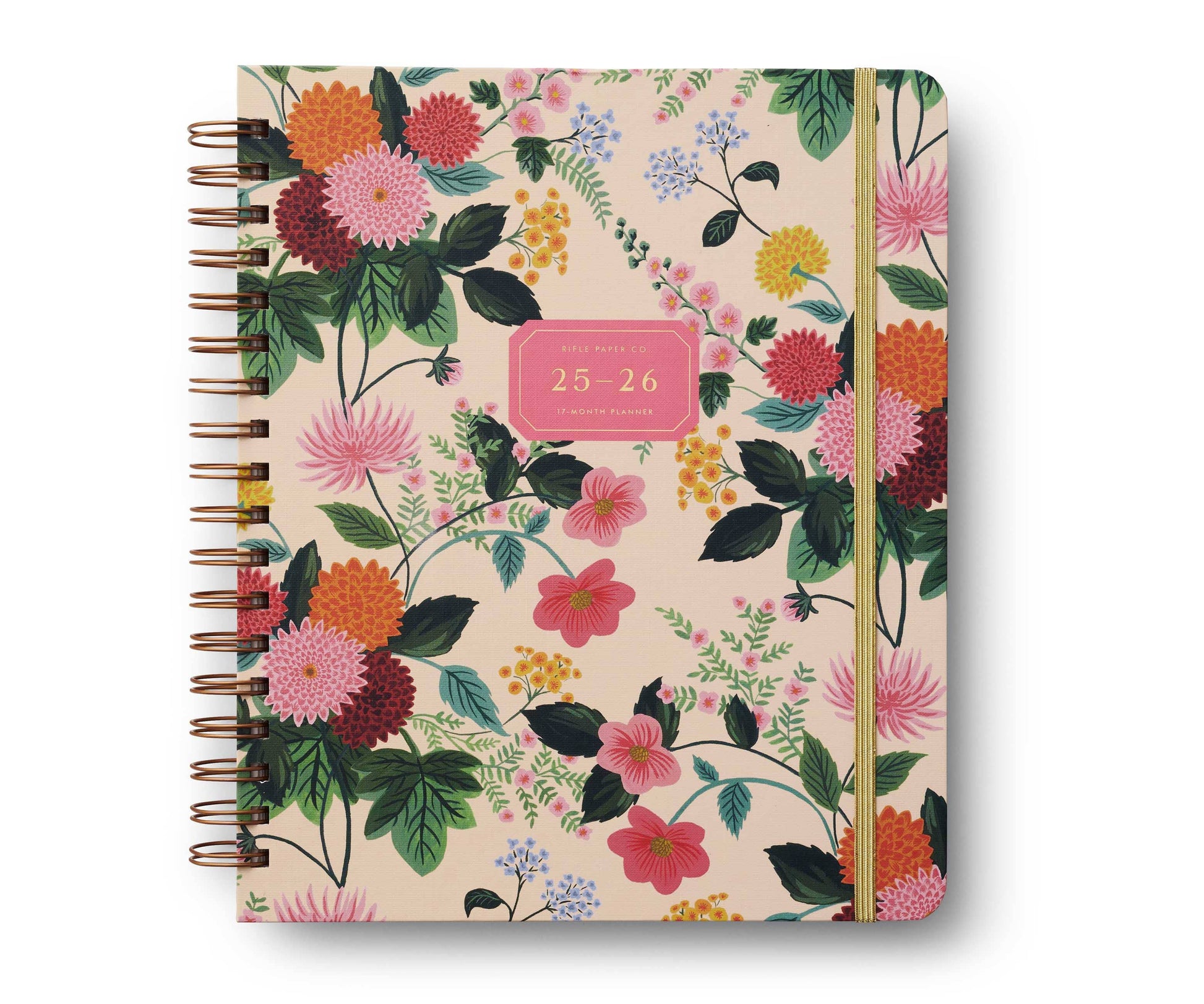 Floral patterned notebook with a pink label on a white background
