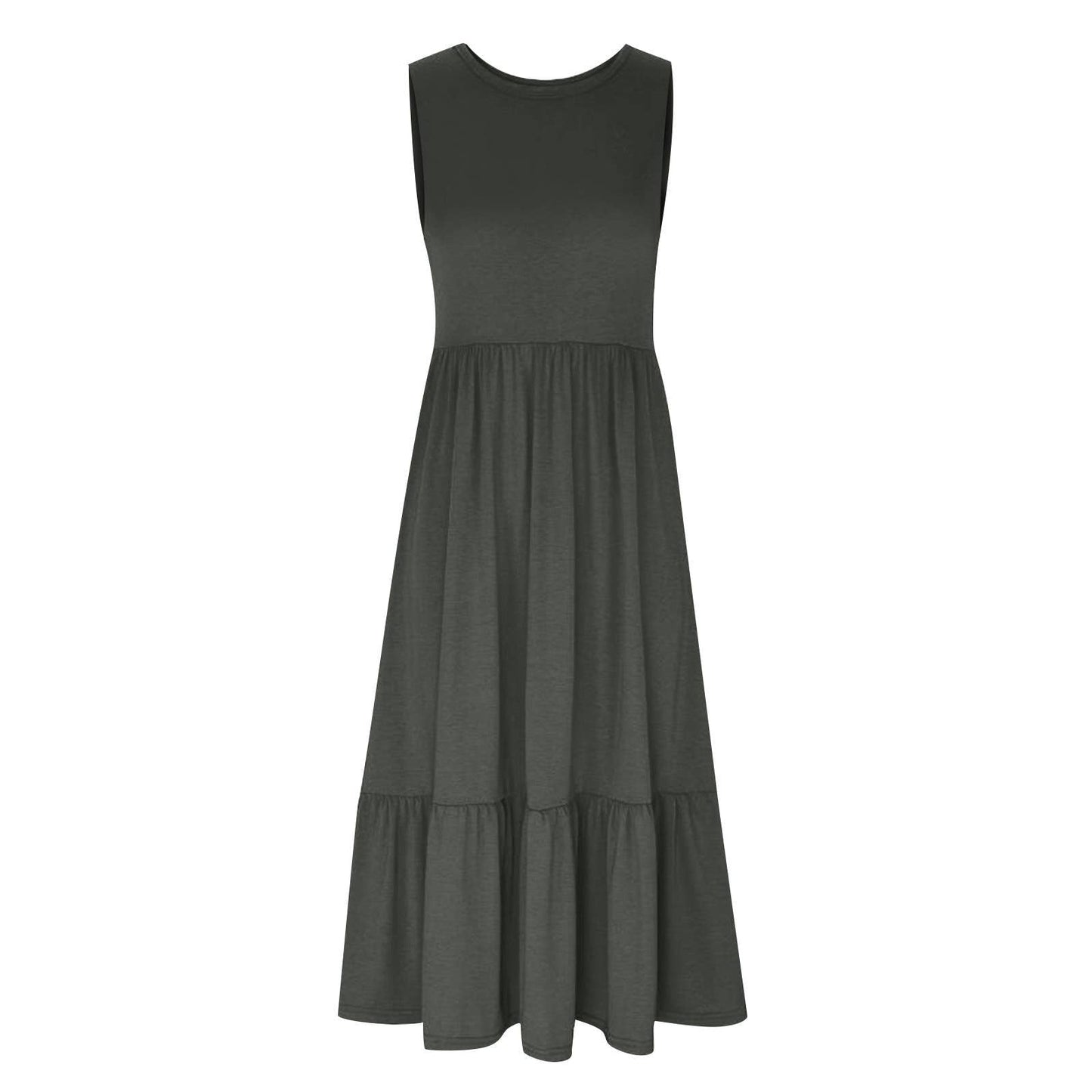 Ladies Sleeveless Pockets Simple Midi Dress