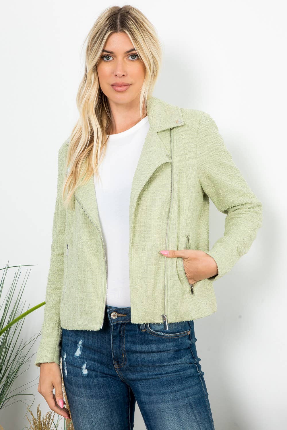 Mint Green (Lint) Solid Boucle Long Sleeve Moto Jacket