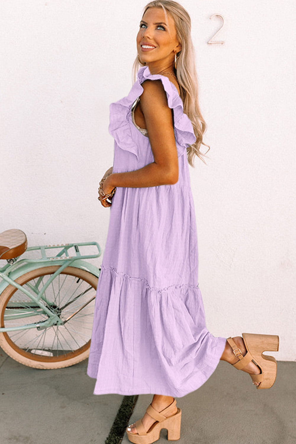 Purple Ruffles Flutter Sleeve Square Neck Textured Tiered Maxi Dress