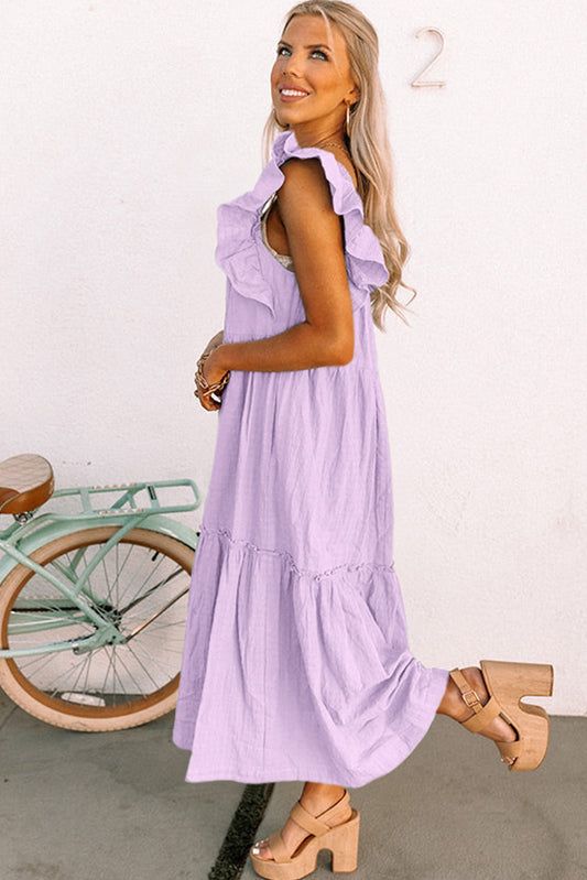 Purple Ruffles Flutter Sleeve Square Neck Textured Tiered Maxi Dress