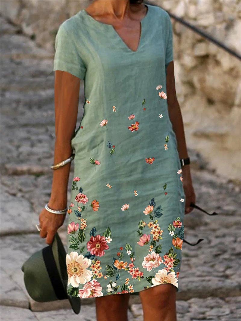 Floral Printed SS V-Neck Dress