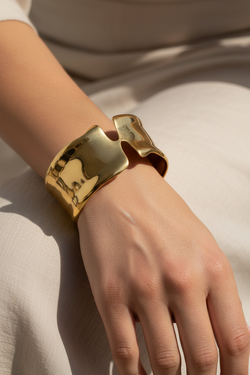 Gold bracelet on a wrist with a neutral background