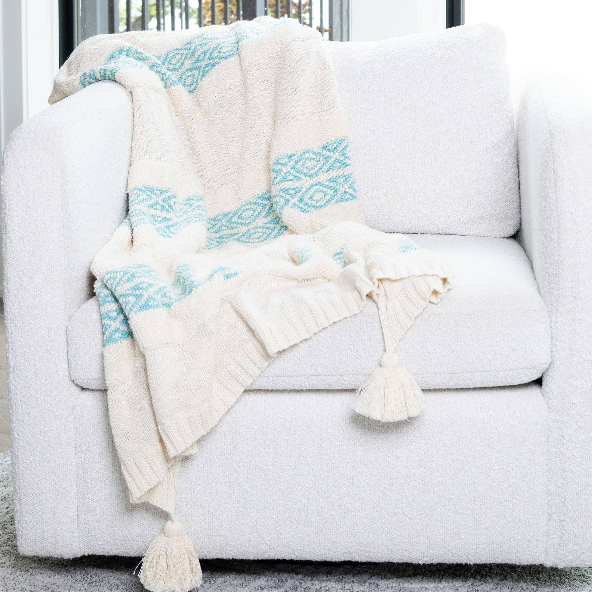 White Knit Throw with Teal Trim